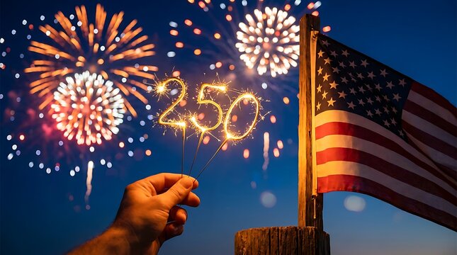 Celebrating 250 years of american independence with fireworks and a us flag display