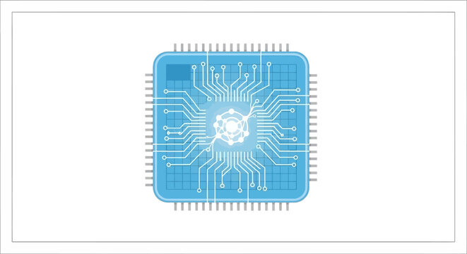 Close up of a blue microchip with glowing center and many pins.