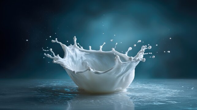 Dynamic Close-Up of Fresh Milk Splashing Against a Dark Background, Capturing Motion and Energy in a Stunning Moment of Liquid Artistry