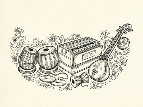 Indian musical instruments sketch tabla harmonium sitar and percussion