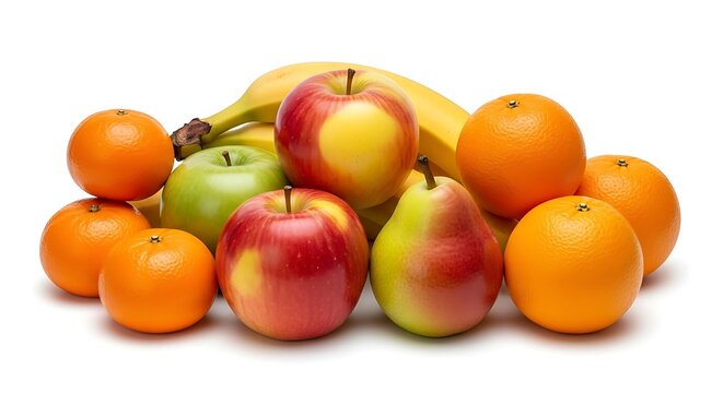 Fresh fruit arrangement with apples bananas oranges and pears on white background  healthy eating concept with various colorful fruits
