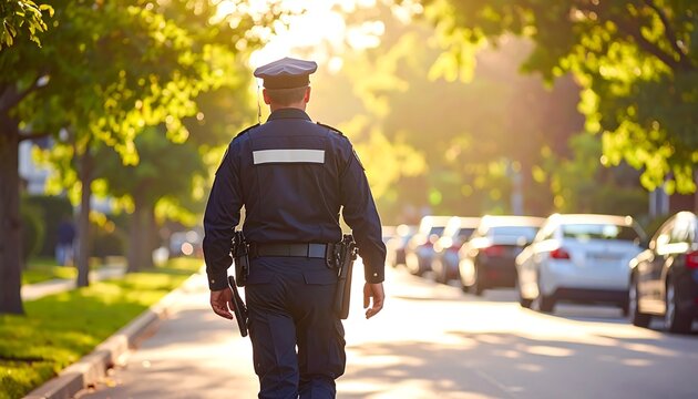 Police officer walking down residential street.