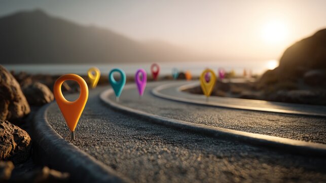 Road with location markers near the ocean at sunset