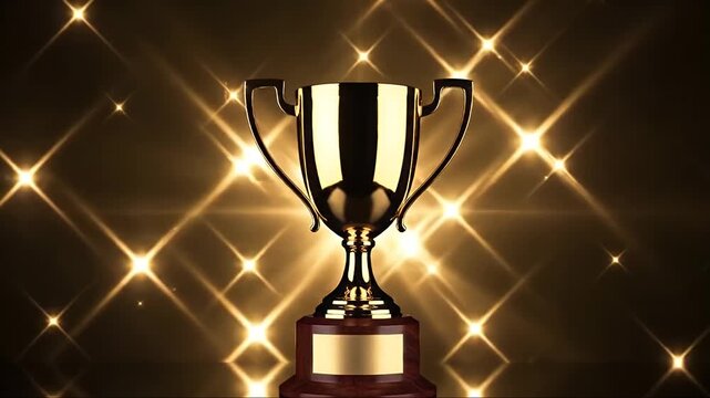 golden trophy cup on a dark background with shimmering golden sparkling light effect