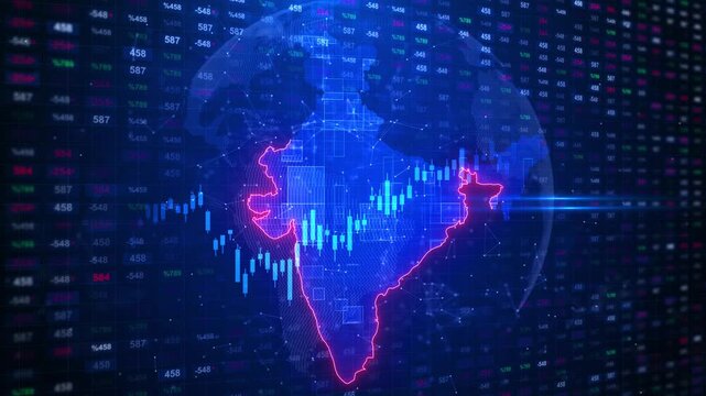 India stock market digital background glowing map outline, financial charts, numbers, globe, trading screen depth. business videos, finance news, economy reports, investment promos, and data overlays.