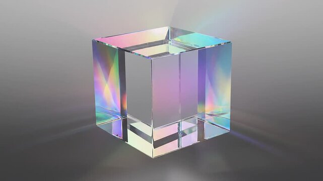Abstract 3D animation of a floating transparent glass cube rotating continuously on its axis, with strong dispersion effects creating prismatic light streaks and rainbow caustics.