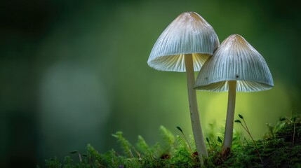 Fototapeta premium Two Delicate Mushrooms on a Mossy Forest Floor with Soft Green Background Offering a Tranquil Nature Scene and Focusing on Fungi and Natural Beauty