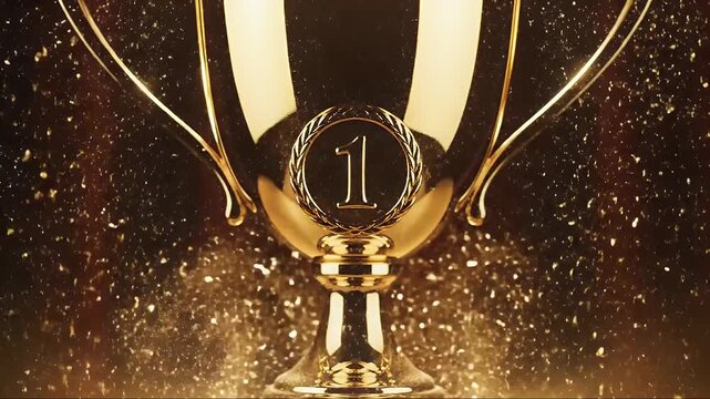 Golden trophy cup for first place winner with sparkling glitter on a dark background