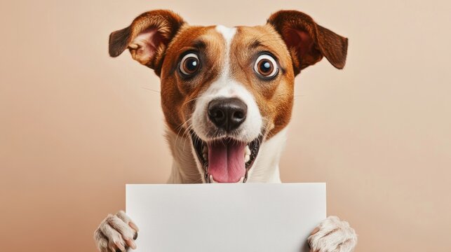 a dog holding a piece of white paper with exaggerated surprised face, plain background