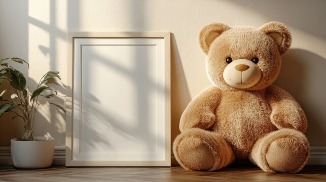 a mockup of a giant adorable teddy bear holding a white frame. lots of light, realistic photo