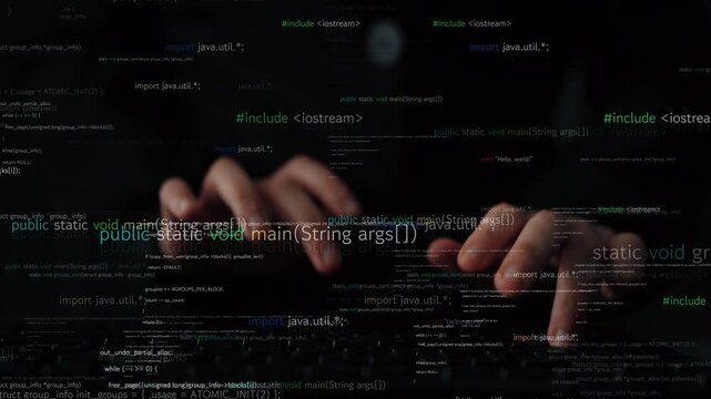 A close-up view of hands typing on a keyboard with an overlay of programming code snippets, illustrating technology and coding concepts in a digital workspace. Xenic