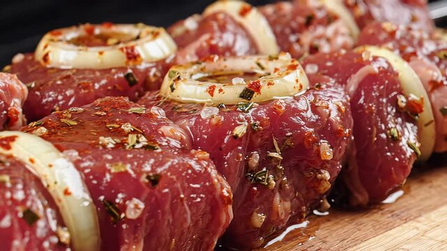 Raw Beef Skewers Marinated with Onion and Spices Ready for Grilling.