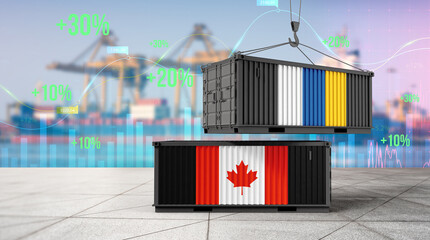 International Trade and Logistics: A striking visual of cargo containers, one bearing the Canadian flag and another with a unique design. © bao