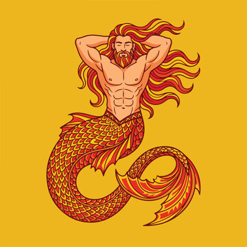 Illustration of a majestic merman with flowing red hair and muscular physique.