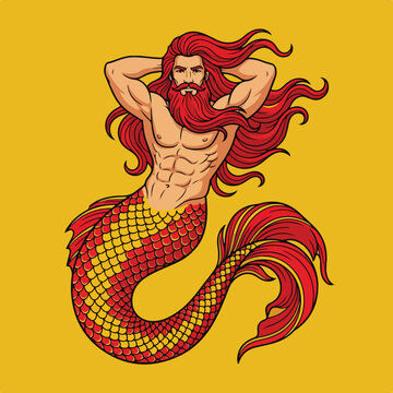 Illustration of a muscular merman with long red hair and a beard.