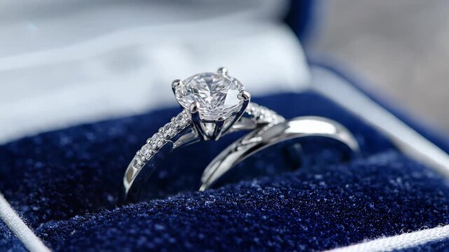 Elegant Diamond Engagement Ring and Wedding Band in Blue Velvet Box.