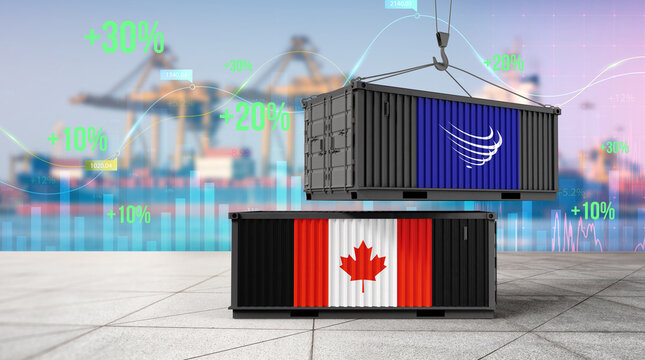 Global Trade: Two shipping containers, one emblazoned with a maple leaf and the other, a logo, symbolize international commerce, logistics, and the movement of goods in global trade.