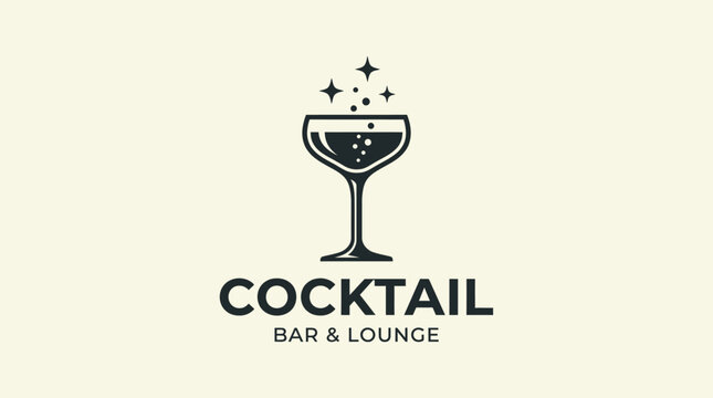 Elegant Cocktail Glass with Sparkling Bubbles and Stars Logo Design.