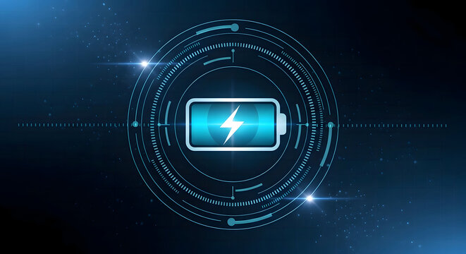 Battery charging technology concept glowing energy power icon with digital circular UI interface background