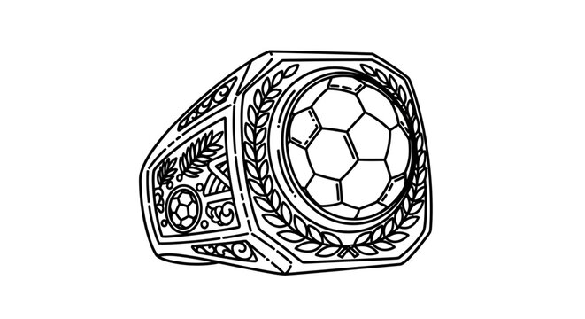 A detailed illustration of a soccer ball ring with floral engravings on the band, showcasing sports and lifestyle elements in a decorative piece.