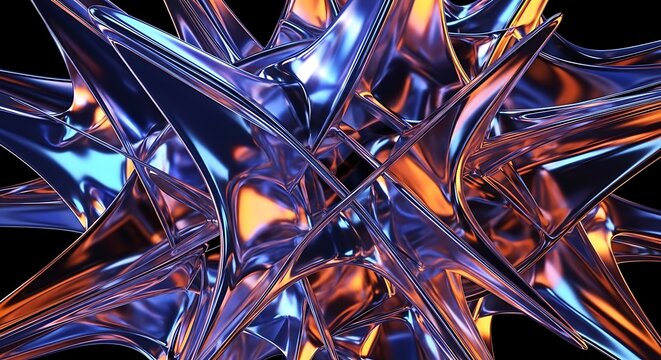 Abstract geometric sculpture featuring complex metallic surfaces with vibrant blue and warm orange light reflections in a sharp spiked formation.