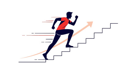 Fototapeta premium Runner Ascending Stairs with Growth Arrow, Concept of Success and Fitness