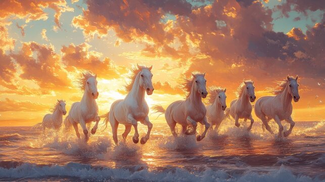 white horses gallop with power on beach at sunset, displaying freedom and energy