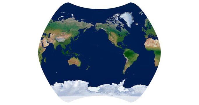 World Map. Larrivee projection. Video of high-detail physical map with rounded profiles. Educational animation of Earth.