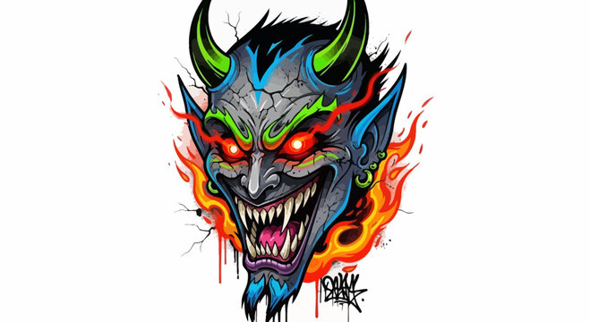 Scary Evil Demon Face Illustration with Fiery Eyes and Horns