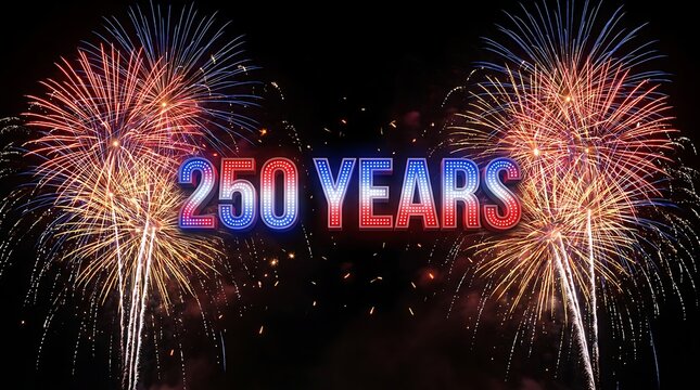 Festive '250 years' celebration with vibrant fireworks display patriotic colors and dynamic lighting effects