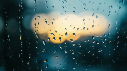 Obraz premium Water droplets on glass, soft sunset