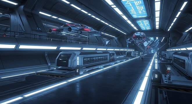 Futuristic levitating space crafts and sleek high speed trains dock within a brightly lit advanced terminal for modern interplanetary travel
