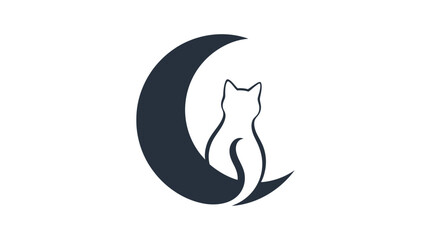 Naklejka premium Silhouette Cat Sitting on Crescent Moon, Night Sky, Mystical Animal Icon