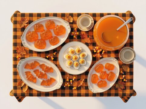 Halloween party food overhead pumpkin jell o deviled eggs candy corn
