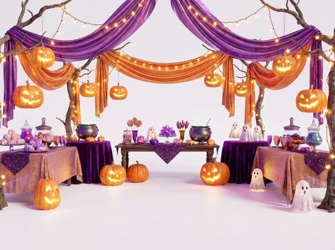 Halloween party setup with jack o' lanterns ghosts and candy buffet