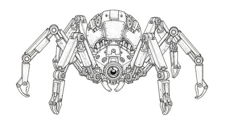 Steampunk Mechanical Spider Drawing, Futuristic Insect Robot, Sci-Fi Art © jas