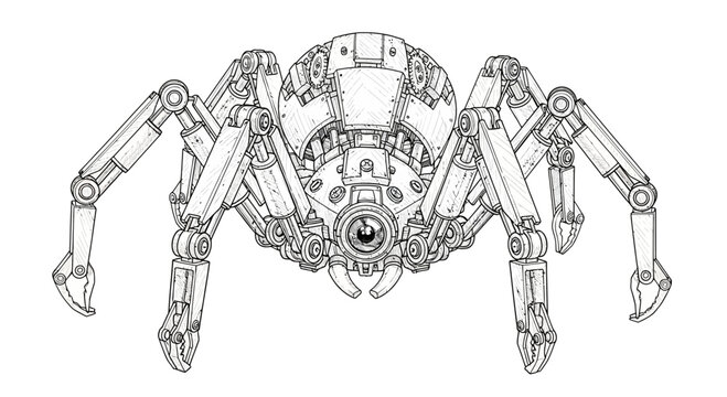 Steampunk Mechanical Spider Drawing, Futuristic Insect Robot, Sci-Fi Art