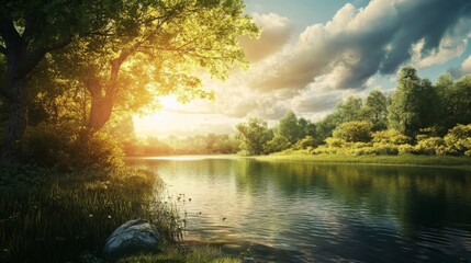 Naklejka premium Tranquil riverbank scene at golden hour, lush foliage and calm water