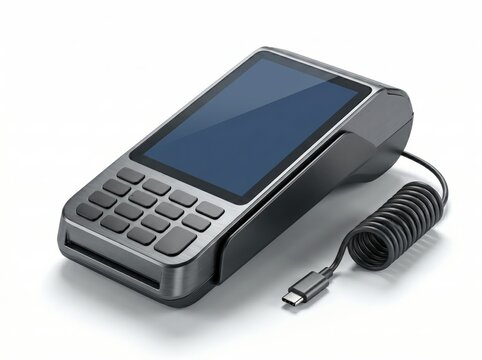 Modern pos terminal with card reader and spiral cable on white background