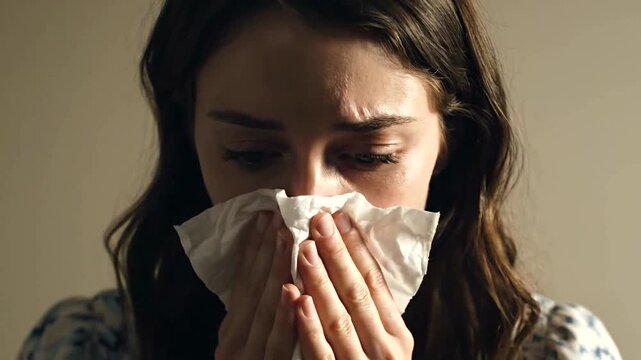 Young woman blowing her nose into a tissue feeling sick with cold and flu symptoms.