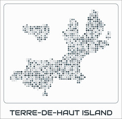 Obraz premium Terre-de-Haut Island digital style map. Small circle dots on white background. Dotted shape of the island. Vector map and title. Vibrant vector illustration.