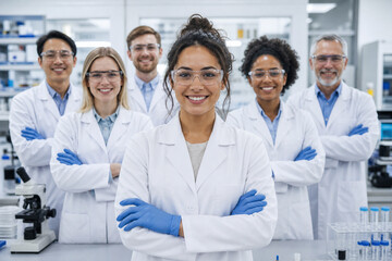 Fototapeta premium Confident female scientist leading diverse research team in modern laboratory, standing among advanced equipment, showcasing innovation, teamwork, healthcare, biotechnology and professional excellence