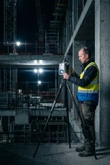 Fototapeta premium Professional engineer using a total station for surveying at a construction site at night, wearing high-visibility safety vest and work gear