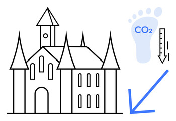 Fototapeta premium Sustainability, environmental awareness, carbon neutrality, energy efficiency, climate change, eco-friendly practices. Outline of a castle and icons lower carbon footprints. Environmental awareness