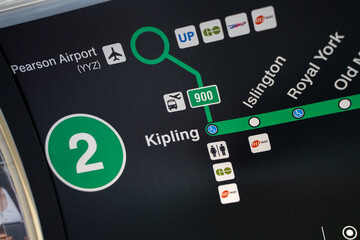 Obraz premium Close up of TTC subway line map showing Kipling station. Toronto, Canada - May 4, 2026.