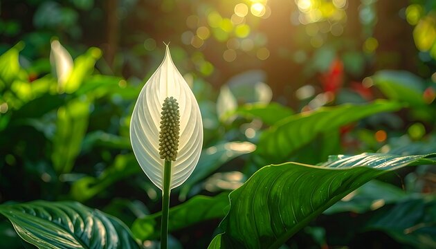 Peace Lily Flower in Green Jungle.