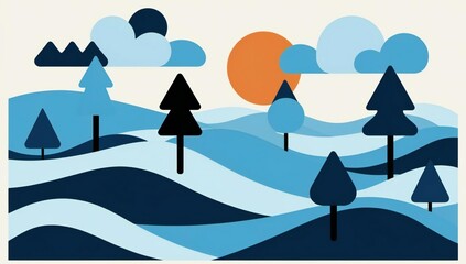 Fototapeta premium Abstract winter landscape with stylized trees and sun behind clouds