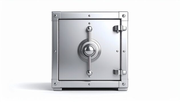 A shiny metal safe with a dial and handle sits on a white surface.