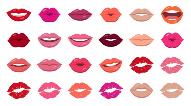 Collection of vibrant colorful lip icons featuring diverse lipstick shades and styles in a playful vector design