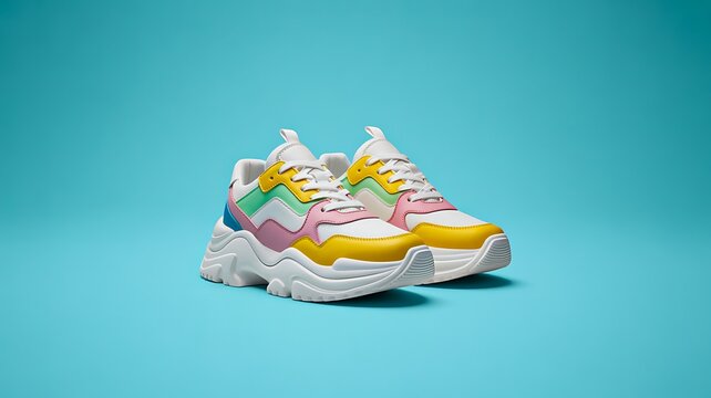 Colorful trendy sneakers on blue background fashion footwear style and modern lifestyle concept